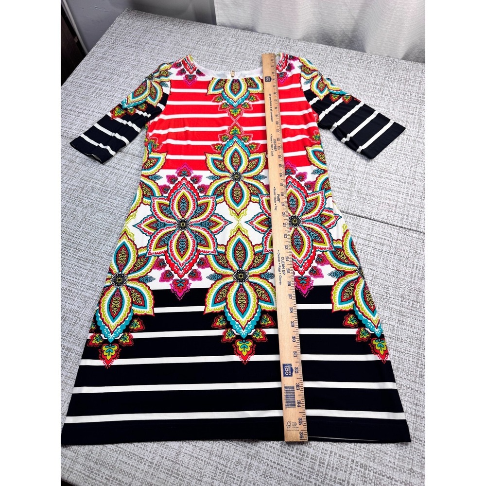 Joseph Ribkoff Dress 12 Orange Black Floral Striped Sheath Jersey‎ Vibrant Artsy - Picture 5 of 12